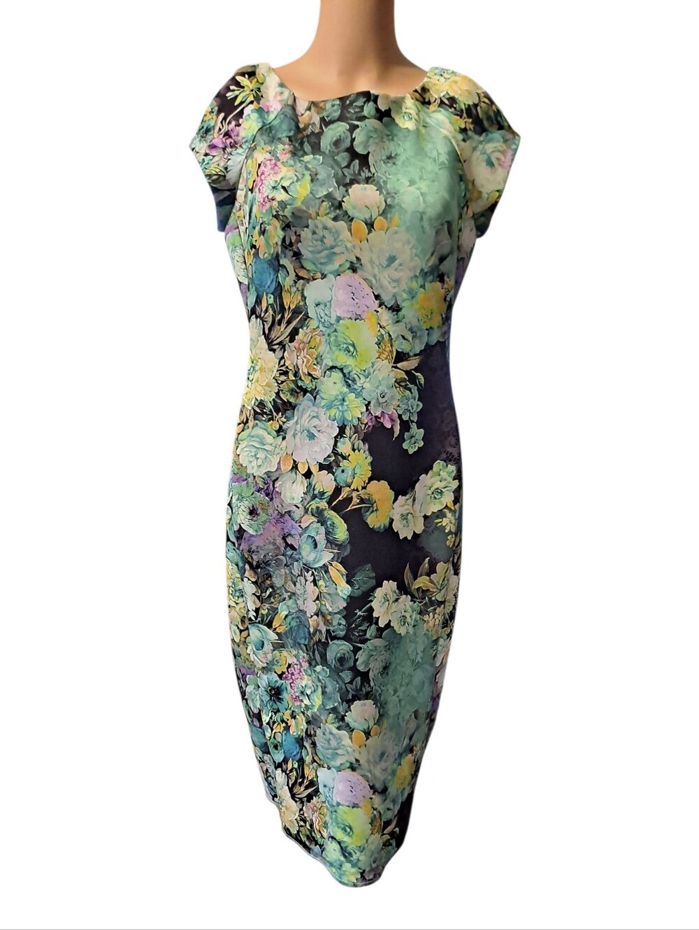 Beige By Eci Multicolor Floral Pattern Over Black Sheath Midi Dress